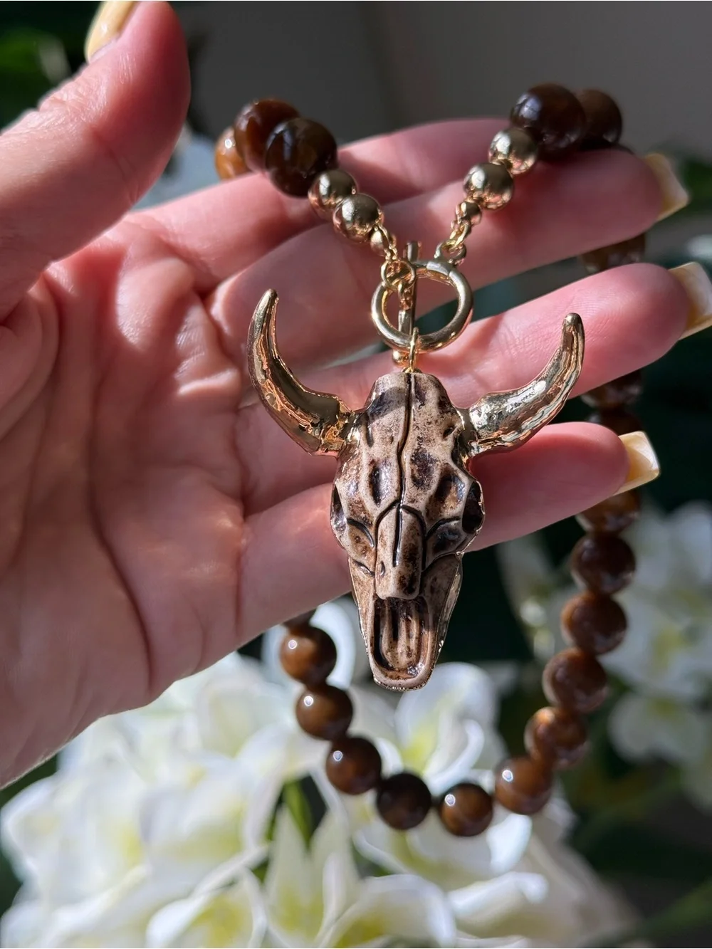 Gold & Brown Beaded Bull Skull Necklace